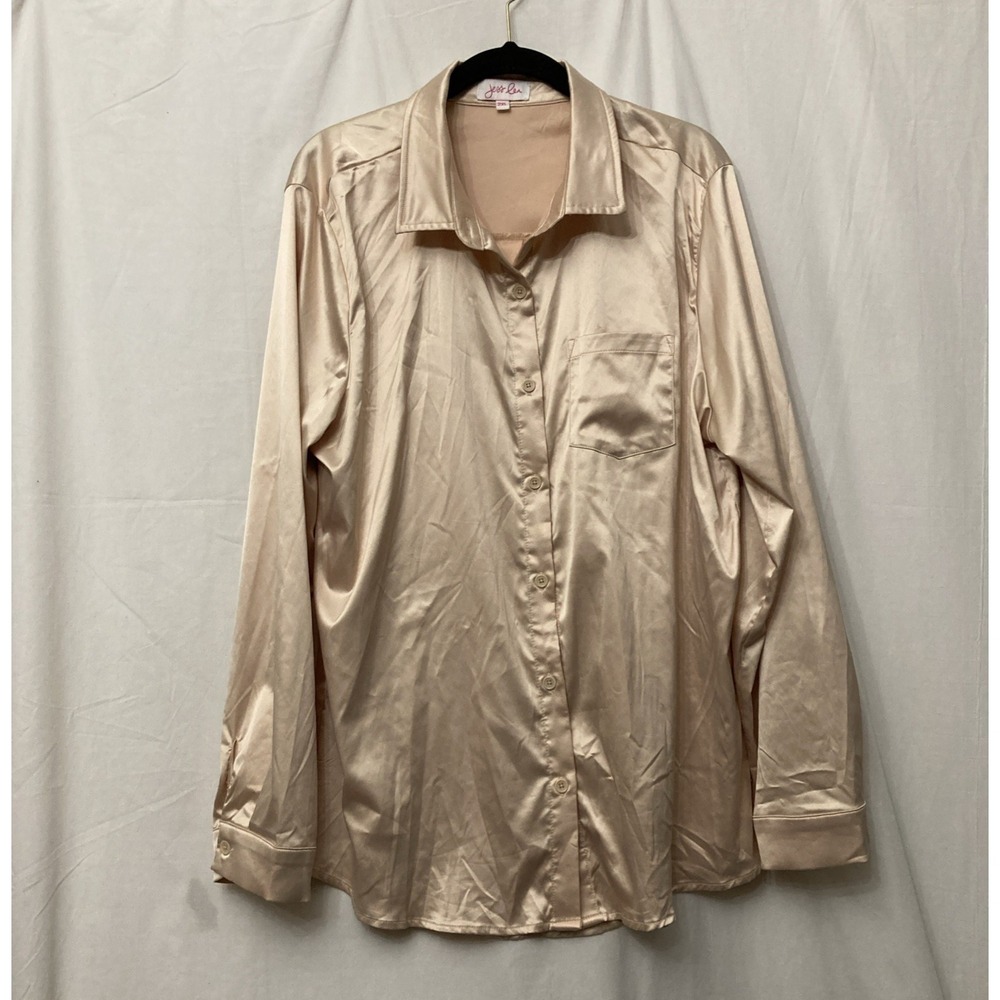 Jess Lea Beige Long-Sleeve Satin Feel Button-Up Stretch Top w/Pockets - SZ 2XL